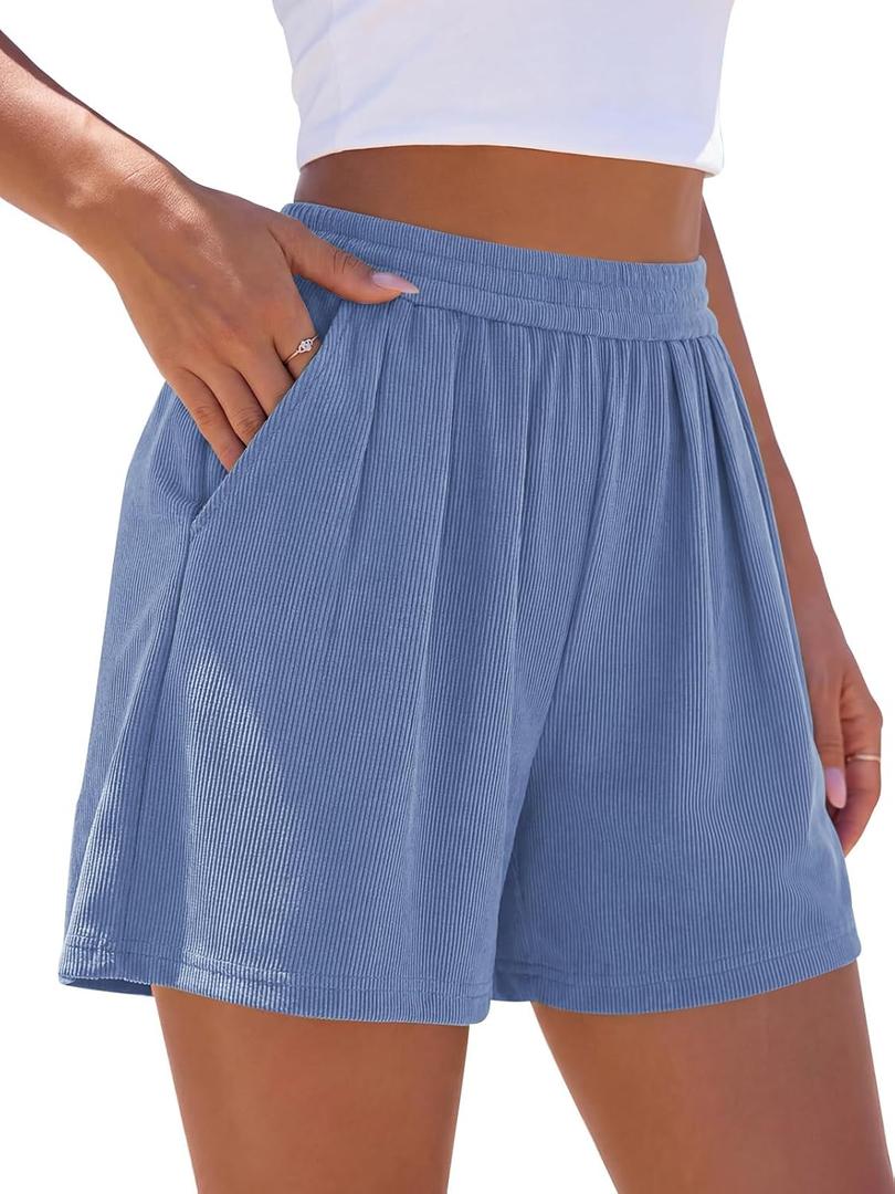 PRETTYGARDEN Womens Boxer Shorts Elastic High Waist Pleated Ruffle Workout Shorts Women Wide Leg Loose Fit Casual Bottoms (Grey Blue, Medium)