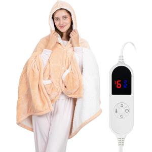 HOW'S MY HOUSE Wearable Heated Throw Blanket, 40"x70" Electric Heated Wrap Poncho Shawl & Hoodies with Pockets, 6 Heating Levels & 12-Hours Timer, Machine Washable with ETL Certification, Tan