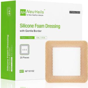 NeuHeils Silicone Foam Dressing with Gentle Border 4''x4'', 20 Pack for Bed Sore Leg Ulcer, High Absorbency Large Waterproof Silicone Wound Bandage (4''x4'' (20 Packs))