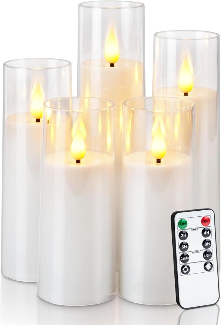 Amagic Pure White Acrylic Flameless Candles, Battery Operated Candles, Flickering LED Pillar Candles with Remote Control and Timer, Warm Yellow Light, D2.2 xH5 5" 6" 7" 8", Set of 5