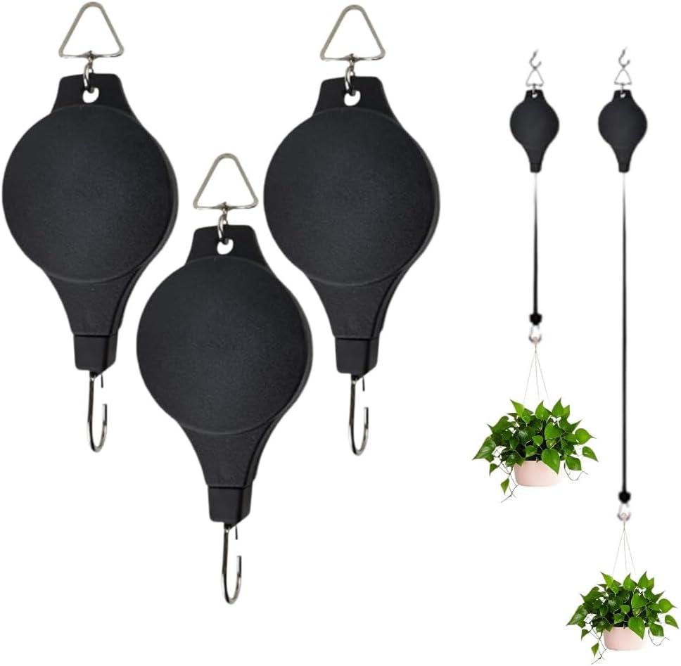 3 Pcs Retractable Plant Hanger  Plant Pulleys for Hanging Plants, Heavy Duty,Adjustable Height and Space-Saving Hooks for Outdoor Garden Pots, Birds Feeder and Grow Lights (Black)