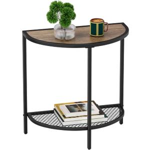 SAYGOER Small Side Table 19.7'' Half Moon Side Tables for Living Room 18.7"*10.4" Unique Bed Night Stand for Home Balcony 2 Tier Couch Tables with Storage Shelf, Adjustable Feet, Boho Dark Walnut