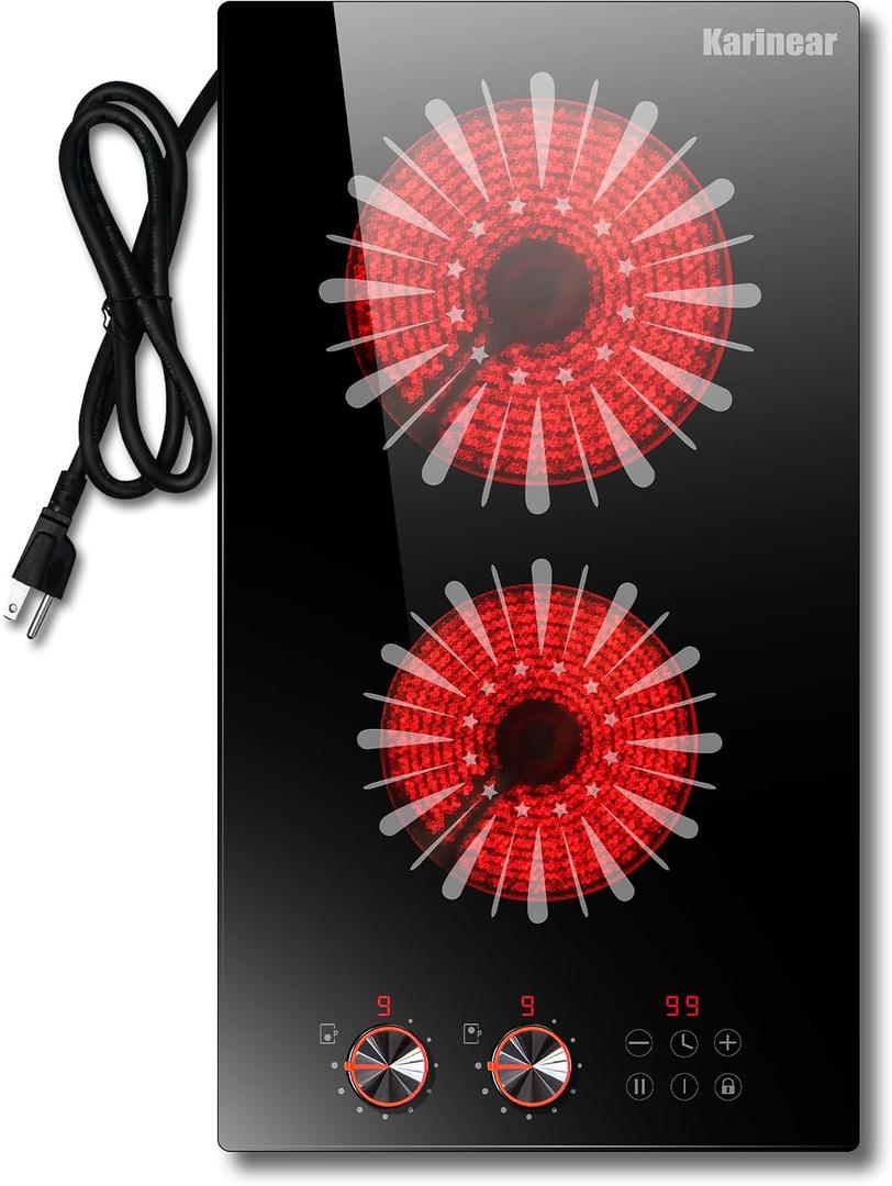 Karinear 2 Burners Electric Cooktop, 12 Inch Electric Stove 110v Plug in