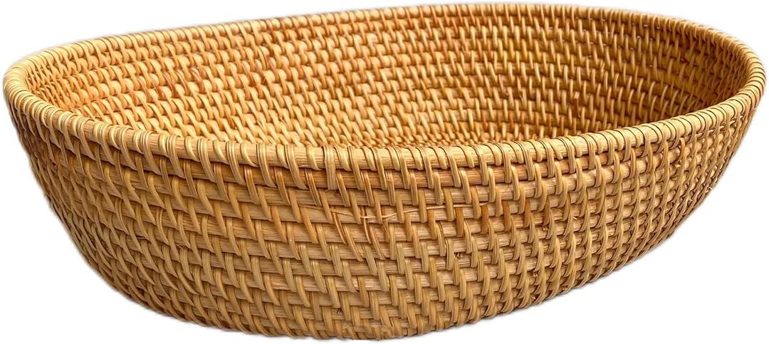 Large 14inch Oval Rattan Fruit Serving Basket,Wicker High Wall Fruit Vegetable Serving Basket Bowl,Large Rattan Dining Table Bowl for Various Things,Bread,Snack,Odds and Ends,Natural Brown