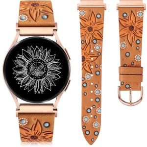 Minyee Leather Bands Compatible with Samsung Galaxy Watch 7 Band/Watch FE 6 5 4 40mm 44mm/Watch 5 pro Band 45mm/Watch 6 4 Classic 47mm 43mm 42mm 46mm, Boho Embossed Sunflower Designer 20mm Watch Band