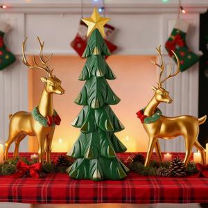 Pinkunn Large Reindeer Figurine Statues and Tree Set of 3-16 - 23''h Resin Gold Heavy Vintage Standing Reindeer Figurines Table Centerpieces for Fireplace Tree Skirt Mantel Shelf Home Decorations