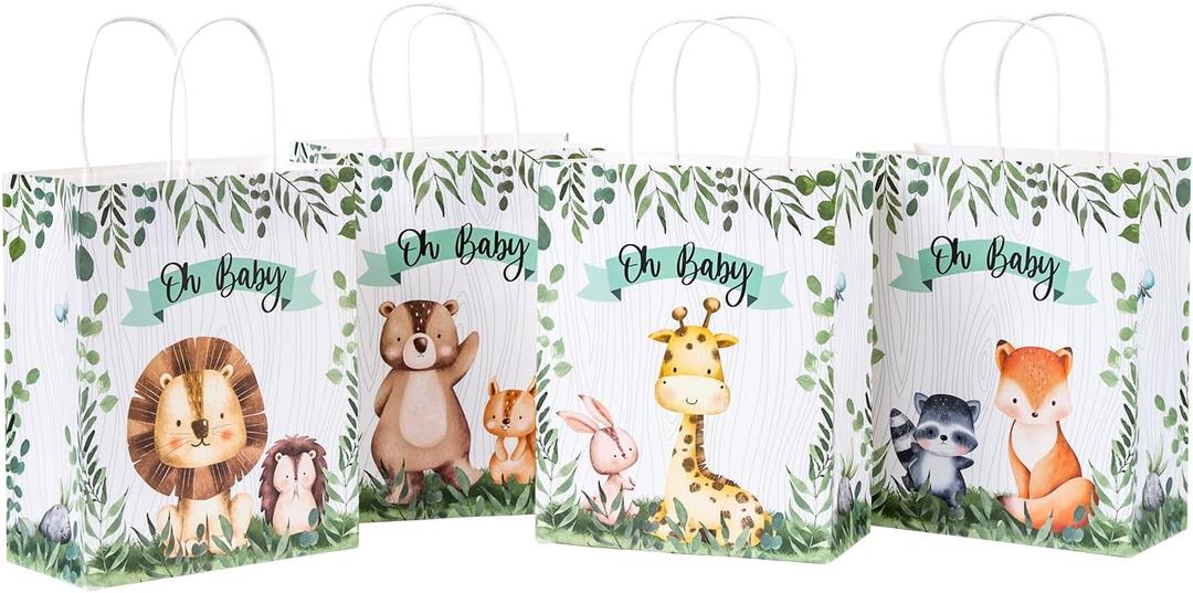 WRAPAHOLIC 12 Pack Medium Baby Kraft Paper Gift Bags - 8" x 4" x 10" - Adorable Animal and Oh Baby lettering Design for Baby Shower, Holiday, Party Gift Wrap
