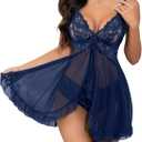 Foxiny Sexy Ruffle Sheer Mesh Lace Wireless Babydoll Lingerie Dress with Thong 2 Piece (Blue, L)