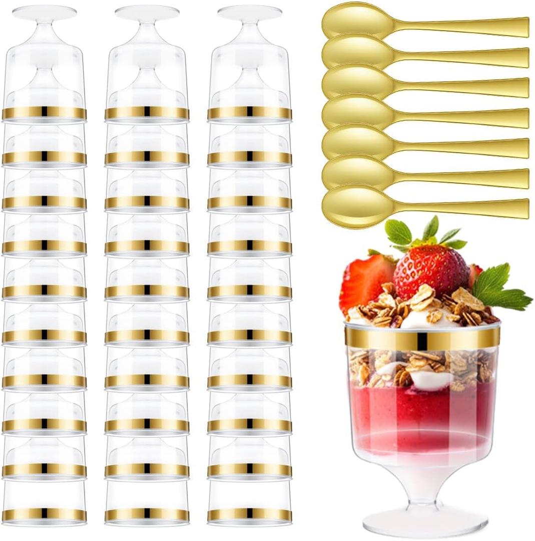 BHHQHH 160Pcs Dessert Cups with Golden Spoon,5Oz Clear Plastic Parfait Cups,Mini Appetizer Pudding Cups Disposable Shooter Cups for Fruit Ice Cream Mousse Cake Birthday Party Events Supplies