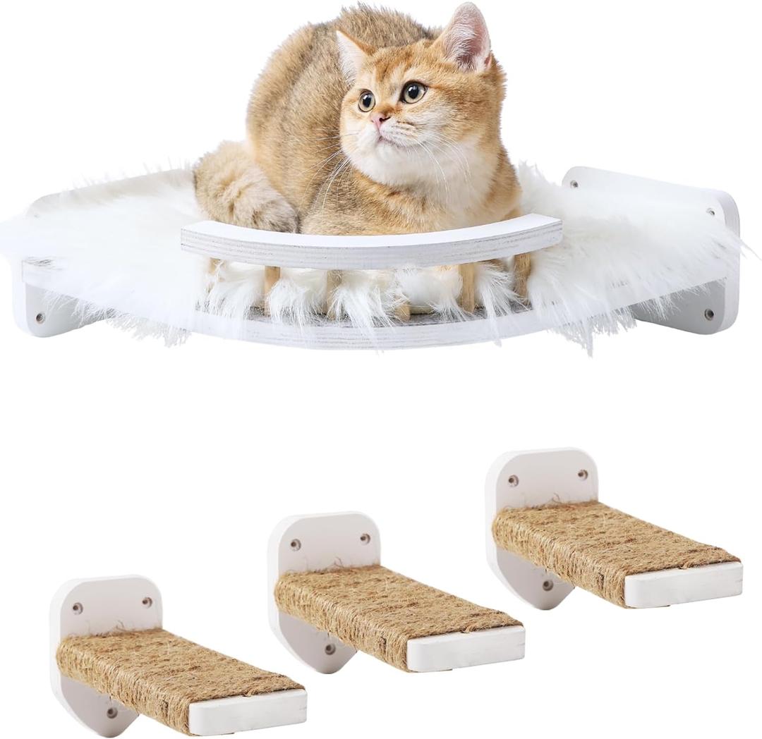 Cat Wall Shelves - 3 Steps Scratch Post & Hammock Bed, Corner Cat Furniture with Plush Covered Climbing Shelf for Indoor Cats (White)