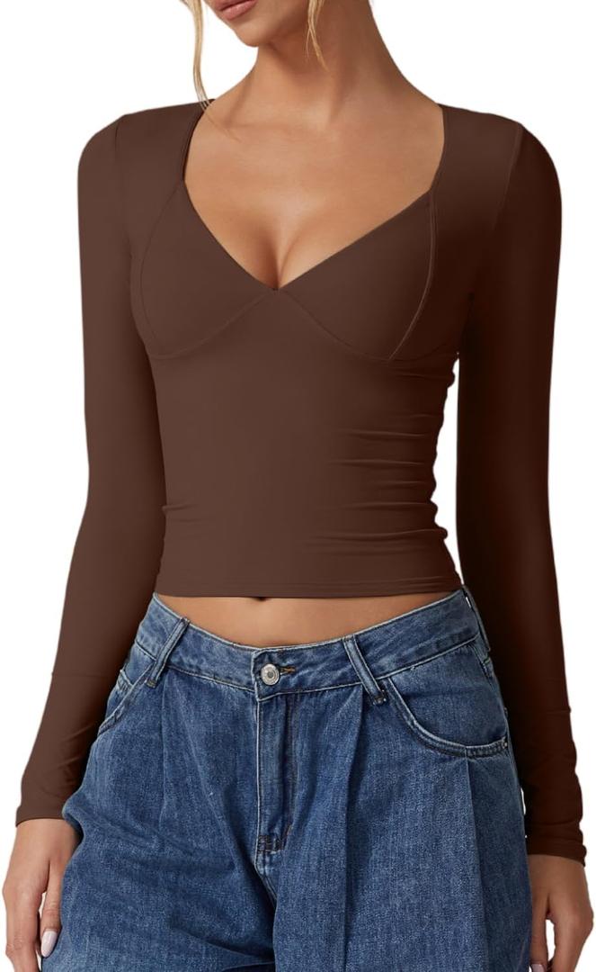 QINSEN Women's Long Sleeve V Neck T Shirts Double Lined Crop Top Seamed Cup Going Out Tops (Small, Coffee Bean)