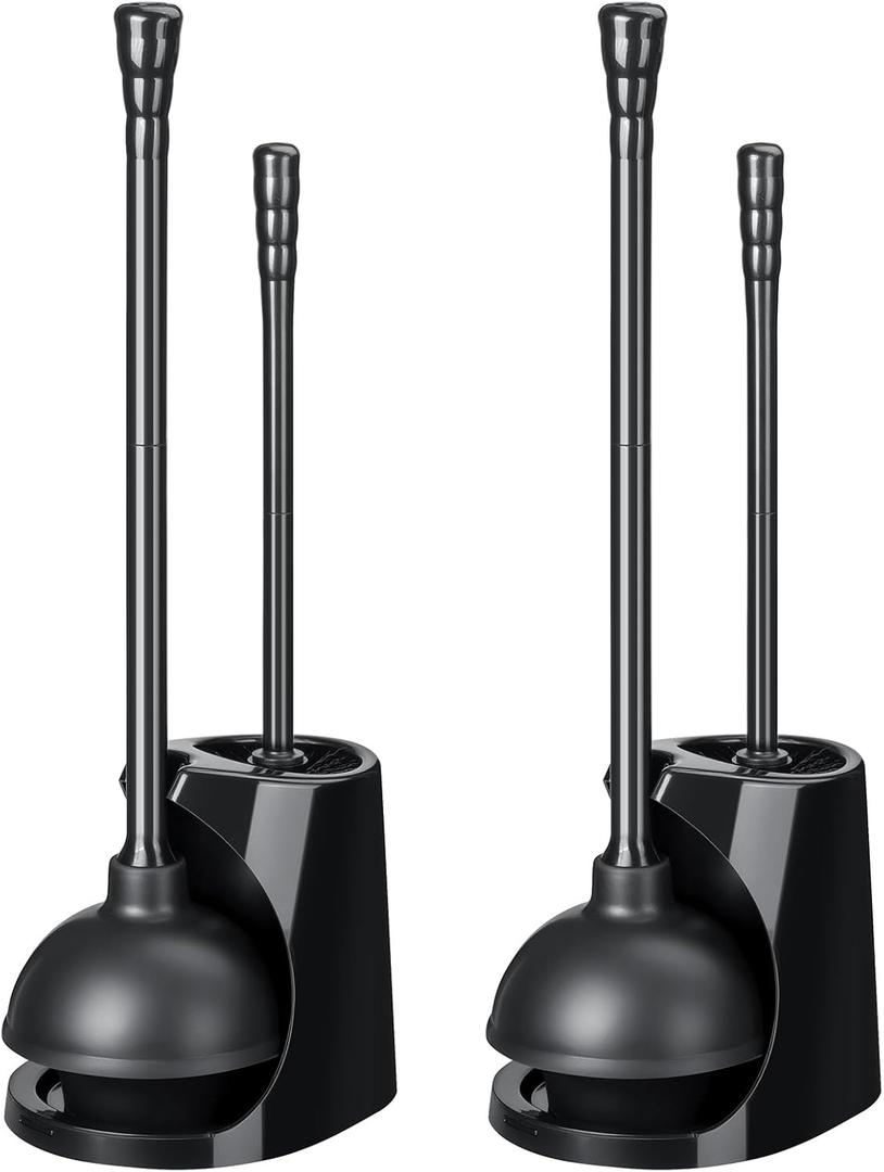 Qaestfy Toilet Plunger and Brush Set for Bathroom Cleaning, 2-in-1 Long Handle Toilet Bowl Brush with Stiff Bristles & Powerful Plunger, Space-Saving Holder (Pack of 2)