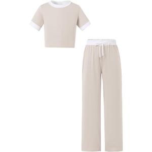 Hilinker Girl's Clothing Set Short Sleeve Crop Tops and Wide Leg Pants 2 Piece Outfits Beige White 13-14 Year (Beige)