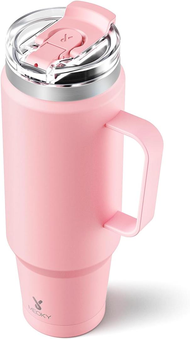 Meoky 40oz Tumbler with Handle, Stainless Steel Travel Mug with 2-in-1 Straw and Sip Lid, Vacuum Insulated Coffee Mug, 100% Leak Proof, Keeps Cold for 34 Hours or Hot for 10 Hours (Blush)
