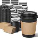 Ginkgo 8 oz (100 Pack) Disposable Paper Coffee Cups with Lids and Sleeves, Heat-Resistant Leak-Proof Black To Go Paper Cups for Hot Coffee, Cocoa, Chocolate and Espresso