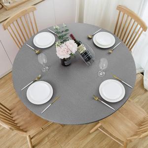 NLMUVW Round Vinyl Tablecloth Fitted with Elastic Edge, Flannel Backing PVC Table Cover Waterproof Wipe Clean Table Cloth for Dining Party Outdoor, Grey,  56"