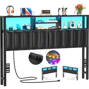 Aheaplus Headboard for Queen Size Bed with Storage, Upholstered Headboards with Outlets, USB Ports and LED Light, Reversible Queen Size Head Board, Height Adjustable, Comfortable Headboard, Black