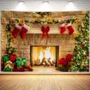 12x8ft Christmas Fireplace Theme Backdrop for Photography Soft Wrinkle Free Fabric Tree Sock Decorations for Xmas Party Supplies Photo Background Pictures Banner Studio Decor Booth Props (12ft by 8ft)