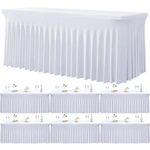 6 Pack Spandex White Table Clothes for 6 Foot Rectangle Tables, Wrinkle Free Stretch Table Cloths 6ft Fitted Tablecover Desk Skirt for Birthday Parties Wedding Banquet Baby Shower (6FT(6pack))