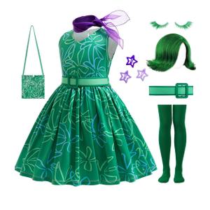 10Pcs Girls Green Costume Cosplay Dress up Halloween Outfits with Wig 120