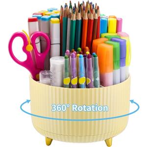 Marbrasse Desk Organizer, 360-Degree Rotating Pen Holder, Desk Organizers and Accessories with 5 Compartments Pencil Holder, Art Supply Storage Box Caddy for Office, Home (Yellow)