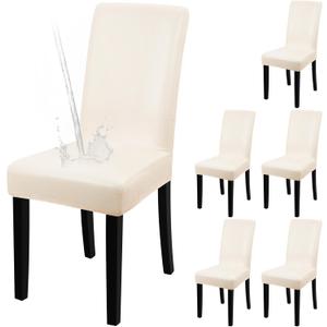 YISUN Dining Chair Covers, Solid Pu Leather Waterproof and Oilproof Stretch Dining Chair Protector Cover Slipcover (Beige, 6 Pack)