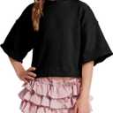 Girls Short Sleeve Sweater Kids Summer Oversized Cropped Sweaters Casual Crewneck Lightweight Knit Tops 5-14Y (Black)