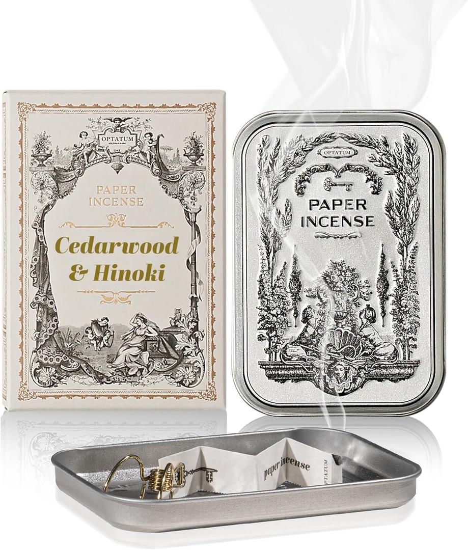 Paper Incense - 48pcs with Vintage Tin Case, Burning Papers Infused with Natural Essential Oils, Quick Usage & Long-Lasting Fragrance, Eliminating Bathroom, Kitchen, Pet Odors - Cedarwood & Hinoki