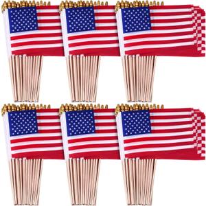 Tegeme 100 Pack of Small American Flags on Sticks, 8 x 12 Inch Mini Handheld US Flags Stick with Solid Wooden Pole Safety Spear Tip for Yard, Memorial Day, 4th of July, Independence Day Decorations