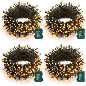 Battery Operated Christmas Lights - 4 Pack Total 66ft 200 LED Battery String Lights 8 Modes Waterproof with Timer for Home, Garden, Party, Holiday, Christmas Tree Decoration (Green Wire, Warm White)