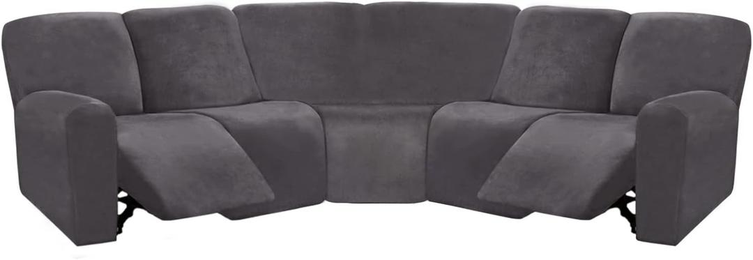 ULTICOR 7-Piece Sectional Sofa Covers, Velvet Stretch Reclining Couch Covers for Reclining L Shape Sofa, Thick, Soft, Washable (Dark Grey, 5 Seat Recliner Cover)