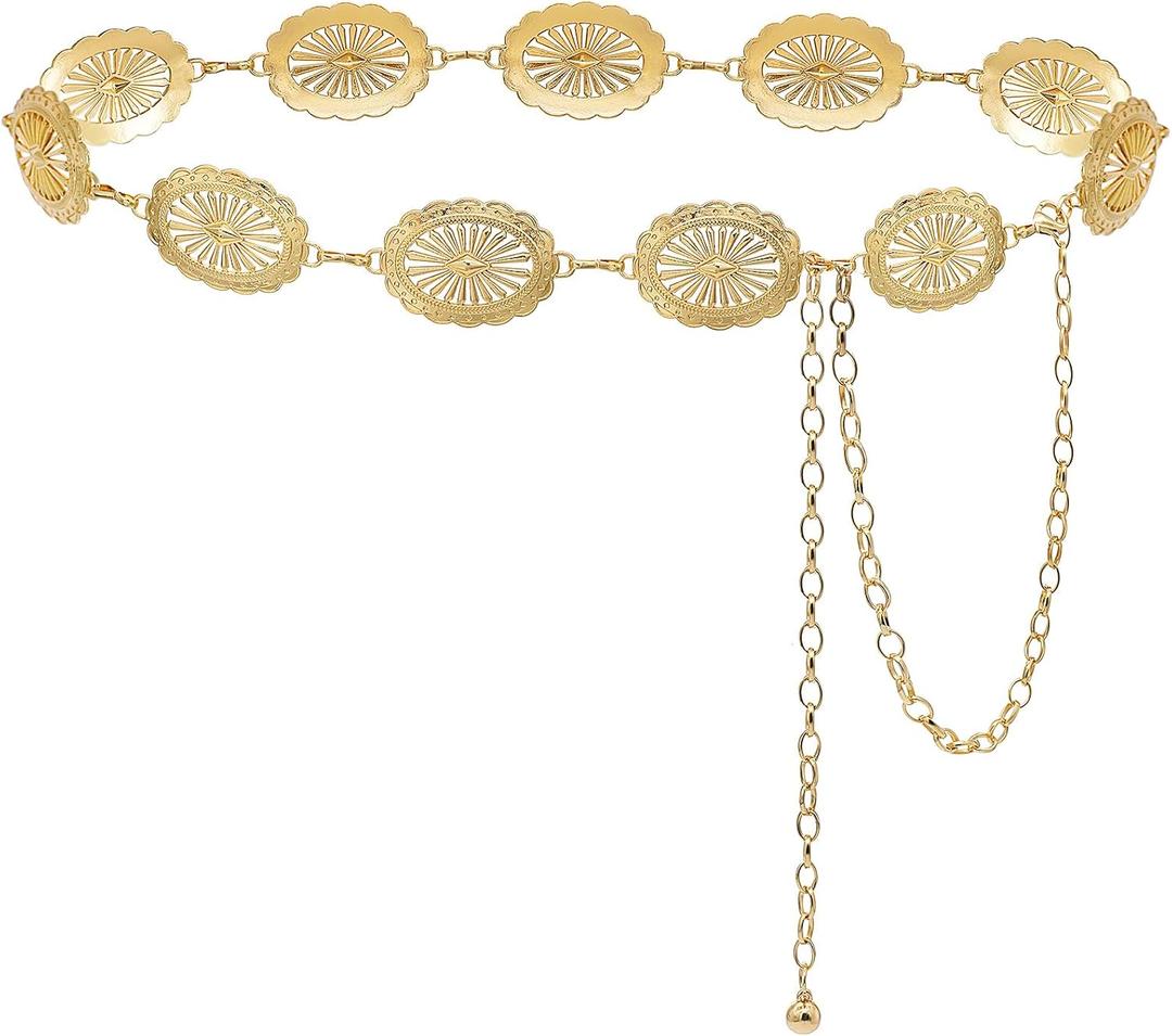Women's Concho Chain Belt Western Cowgirl Metal Waist Chain Belt for Dress (L: 53.1 in)