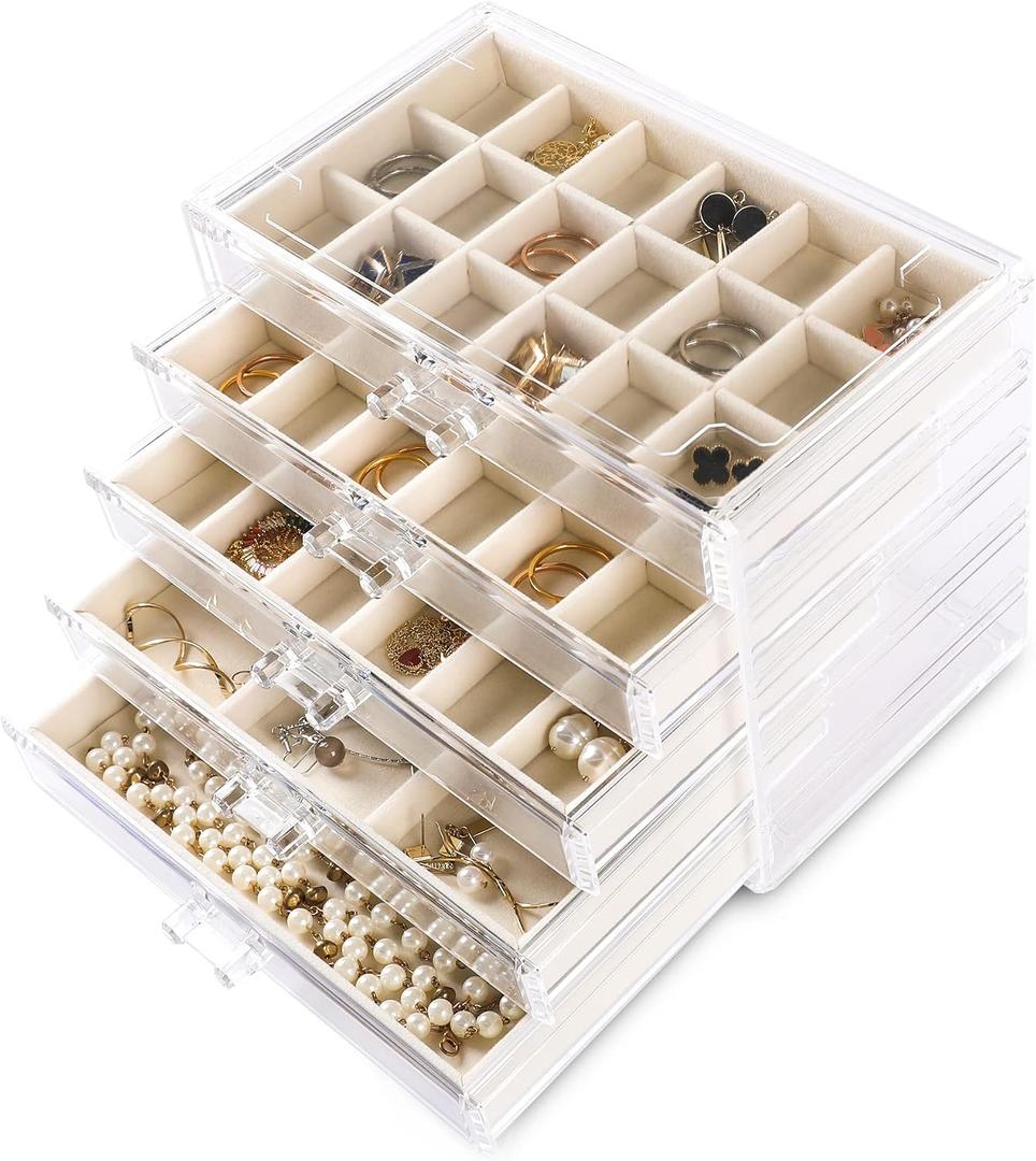 Frebeauty Acrylic Jewelry Organizer Earring Organizer Box with 5 Drawers Earring Holder Organizer with Velvet Trays Clear Jewelry Box for Women Earring Display for Rings Studs(Beige)