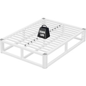 14 Inch Metal Full Bed Frame with Rounded Corner, Steel Support | Squeak Free, 12 Steel Slats, Headboard Hole, U-Shaped Groove, Easy Assembly, 6 Mattress Baffles, No Box Spring Needed, White