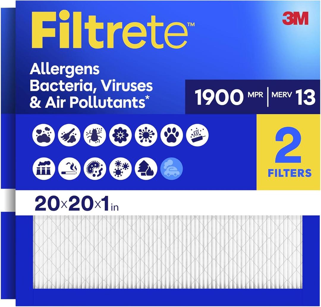 Filtrete 20x20x1 Air Filter, MERV 13 MPR 1900, Allergens, Bacteria, Viruses & Air Pollutants, 3-Month AC/Furnace Filters, Cleaner Air Reliable Airflow, 2 HVAC Filters(Act Size 19.62x19.62x0.78 in)