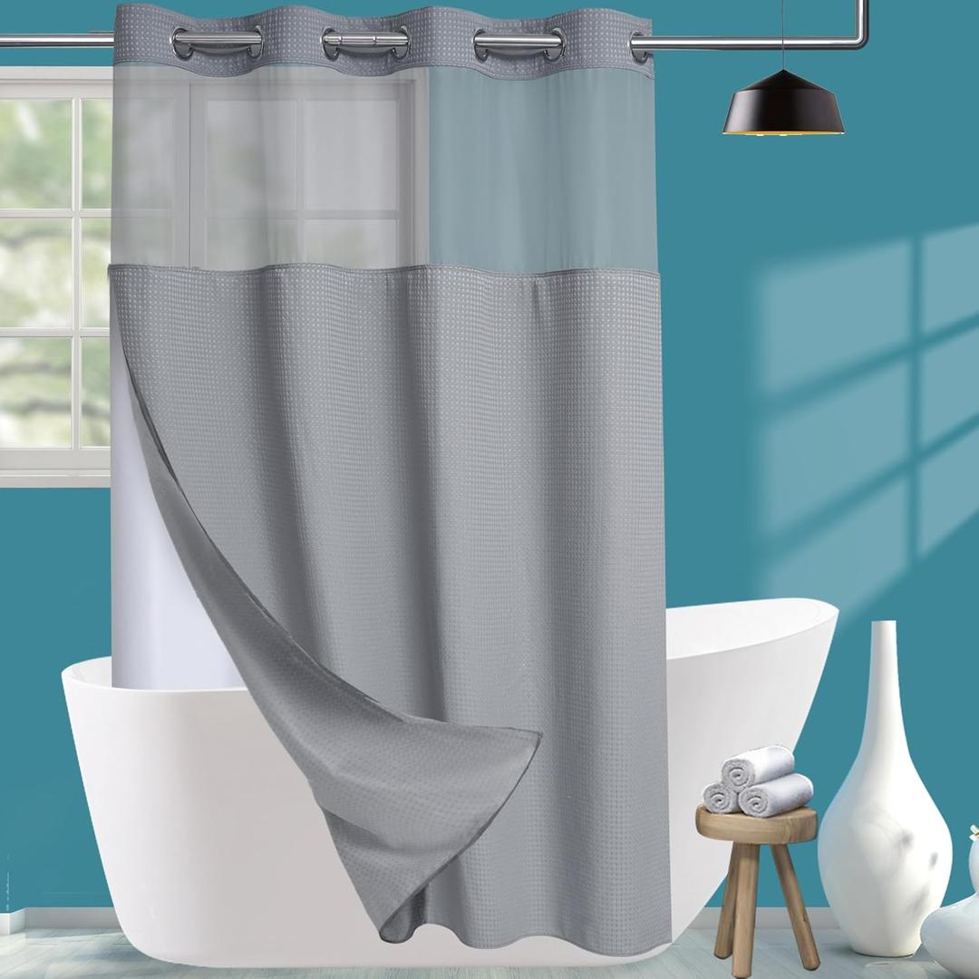 Conbo Mio Stall No Hook Waffle Weave Shower Curtain with Snap in Liner Set, Hotel Luxury Grey Shower Curtains for Bathroom with See Through Top Window, Waterproof, Washable 54W x 74H