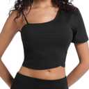 Crop Tops for Women Cute One Shoulder Tee Short Sleeve Going Out Shirts with Adjustable Strap and Playful Hem (Black, S)