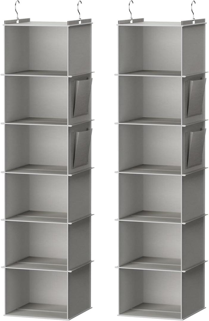 YOUDENOVA Hanging Closet Organizer, 6-Shelf Closet Hanging Storage Shelves, 2 Packs, Light Grey