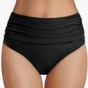 Tempt Me Women's High Waisted Bikini Bottom Tummy Control Ruched Bathing Suit Swim Bottom, Large, Black