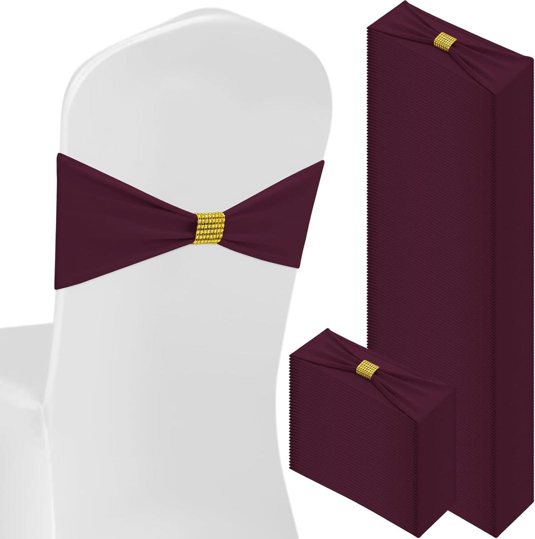 100 Pcs Spandex Chair Sashes Bows with Rhinestone Ring Buckle Slider Elastic Universal Bowknot Chair Cover Bands Ties for Wedding Banquet Ceremony Event Party Decoration (Burgundy)