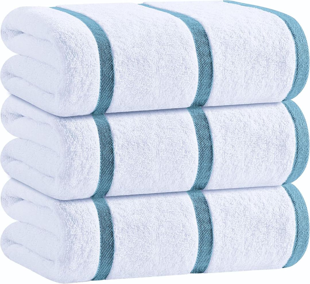 White Classic Cotton Pool Towels Oversized 35 x 70 Inches, Ultra Absorbent and Low Lint Striped Beach Towels for Adults, Stripes Design Luxury Extra Large Bath Towels, Light Blue, 3 Pack