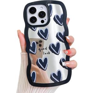 LSL Case for iPhone 16 Pro Glossy Mirror Black Hearts Pattern | Protective Cover Slim Lightweight Trendy Design for Women & Girls Curly Wave Edge