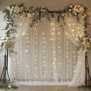 10x10ft White Tulle Backdrop Curtain with Lights String Sheer Drapes for Wedding, Birthday, Baby Shower, Bridal Shower, Photo Booth, Party, Home Decor (2 Panels, White)