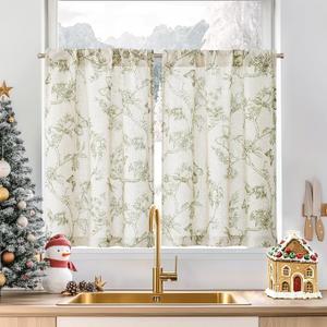 Jinchan Floral Kitchen Curtains for Windows 36 Inch Farmhouse Country Linen Tier Curtains Botanic Small Window Drapes for Living Room Bathroom Laundry RV Rod Pocket Rustic 2 Panels Green on Beige