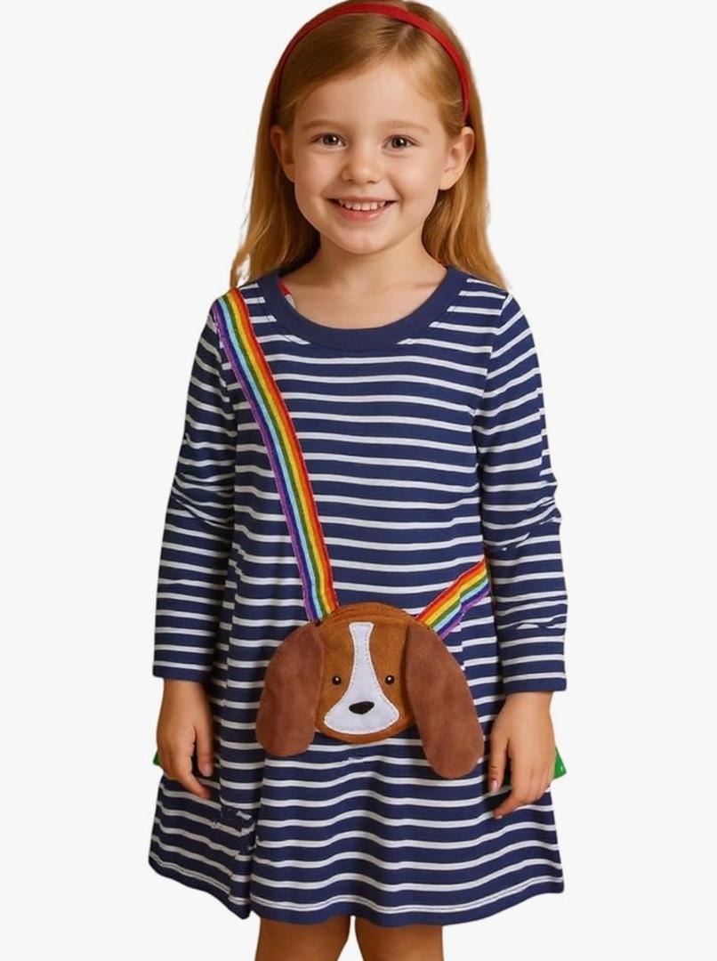 HILEELANG Toddler Girl Long Sleeve Dress Cotton Casual Jersey Shirt Playwear Applique Dress 5Y