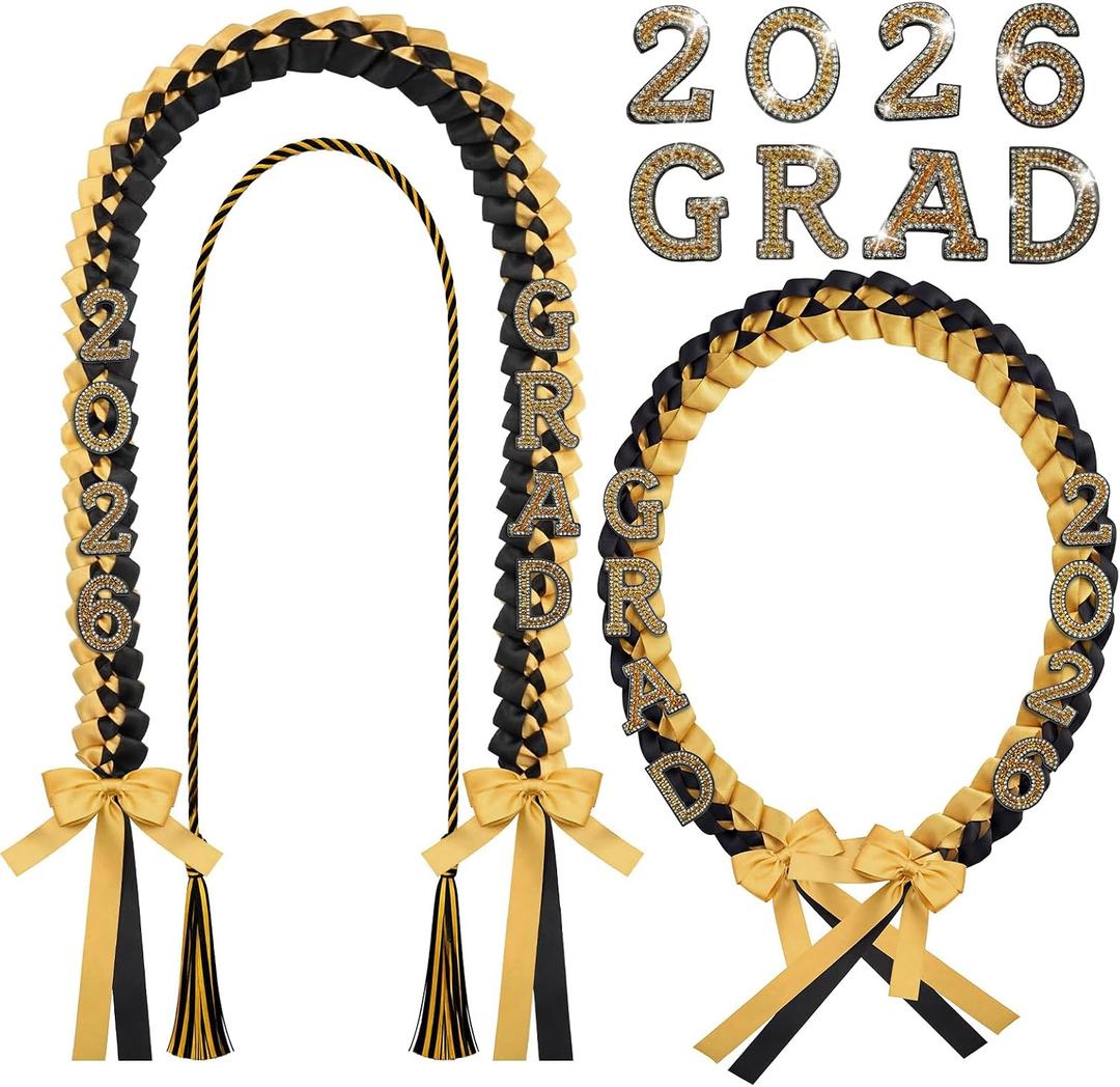 Tigeen 2026 Graduation Lei with Honor Cord 67'' Rhinestone Double Braided Ribbon Necklace for High School College