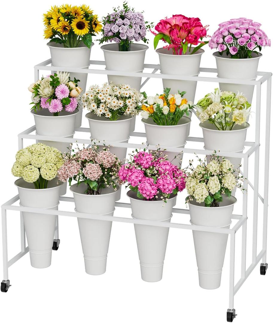 Flower Stand, 3-Tier Flower Display Stand with Buckets for Indoor Outdoor, Flower Cart Display Stand with Wheels for Courtyard, Balcony, Flower Shop, Wedding, Party, Exhibition (White)