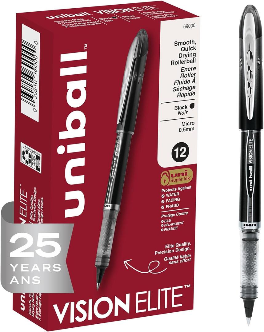 Uni-Ball Vision Elite Rollerball Pens Fine Point Micro Tip, 0.5mm, Black, 12 Pack