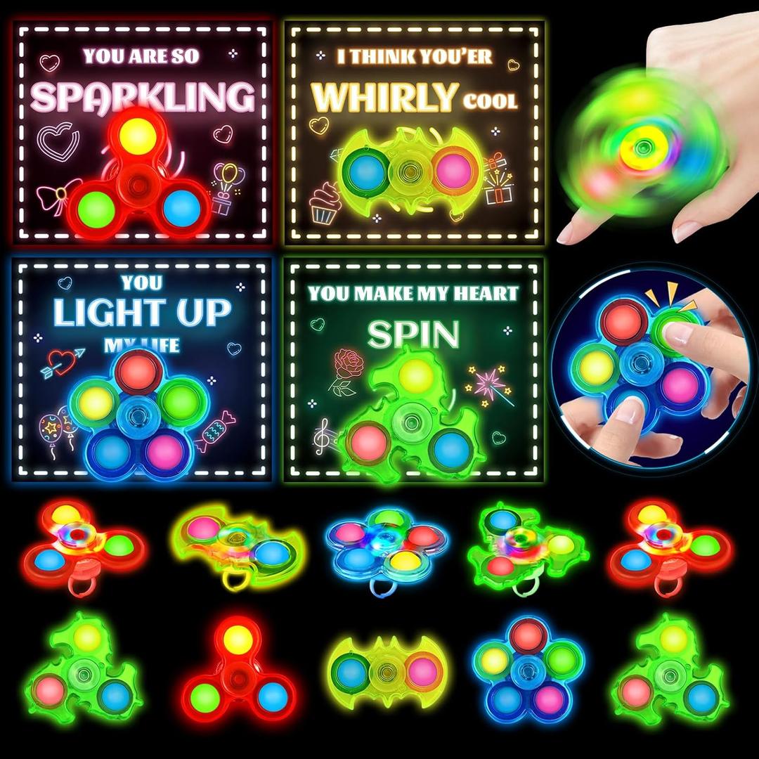 Valentines Day Cards For Kids School, 24 Pack Valentine's card for kids With Light Up Spinner Fidget Toys, Valentine's Day Gifts For Kids Classroom Exchange, School Prizes Valentines Party Favors