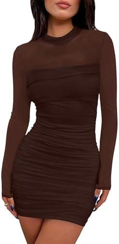 WIHOLL Women's Mesh Sheer Long Sleeve Ruched Mini Dress Sexy Bodycon Mock Neck Cocktail Party Club Dresses 2025. Size Medium